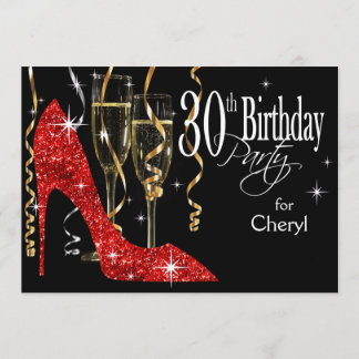Glitzer Stiletto Champagne 30. Geburtstag Rot Einladung