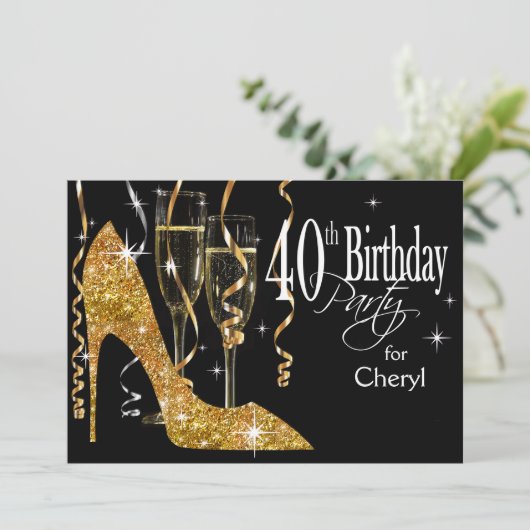 Glitzer Stiletto Champagne 40. Geburtstag Einladung (Stehend Vorderseite)