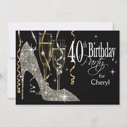 Glitzer Stiletto Champagne 40. Geburtstag Silber Einladung (Vorderseite)