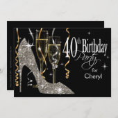 Glitzer Stiletto Champagne 40. Geburtstag Silber Einladung (Vorne/Hinten)