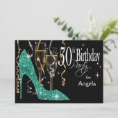 Glitzer Stiletto Champagne 50. Geburtstag Aquamari Einladung (Stehend Vorderseite)