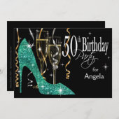 Glitzer Stiletto Champagne 50. Geburtstag Aquamari Einladung (Vorne/Hinten)