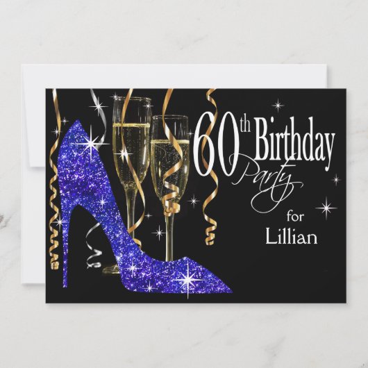 Glitzer Stiletto Champagne 60. Geburtstag Blau Einladung (Vorderseite)
