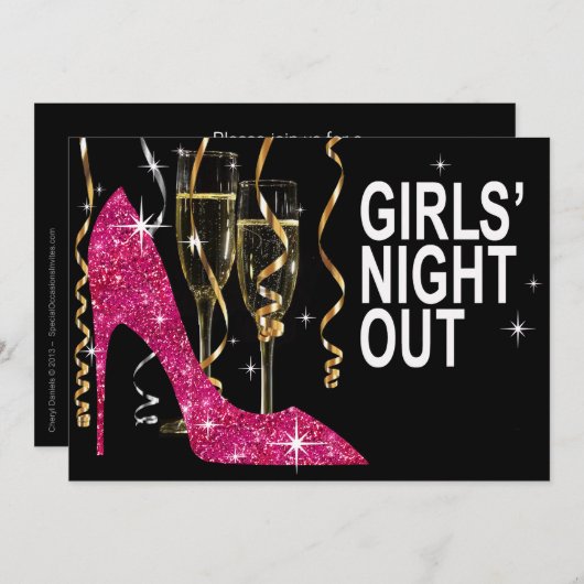 Glitzer Stiletto Champagne Girls Night Out fuschia Einladung (Vorne/Hinten)