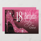 Glitzer Stiletto Zebra 18. Geburtstag pink Einladung (Vorne/Hinten)