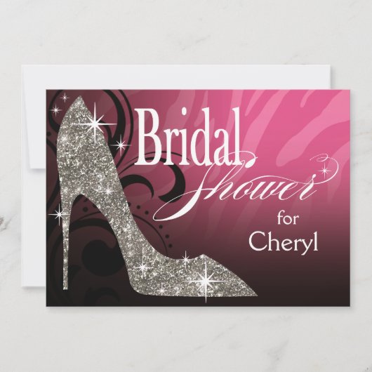Glitzer Stiletto Zebra Brautparty rosa Silber Einladung (Vorderseite)