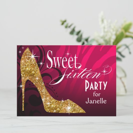 Glitzer Stiletto Zebra Süß 16 Party Fuschia Gold Einladung (Stehend Vorderseite)