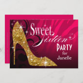 Glitzer Stiletto Zebra Süß 16 Party Fuschia Gold Einladung (Vorne/Hinten)