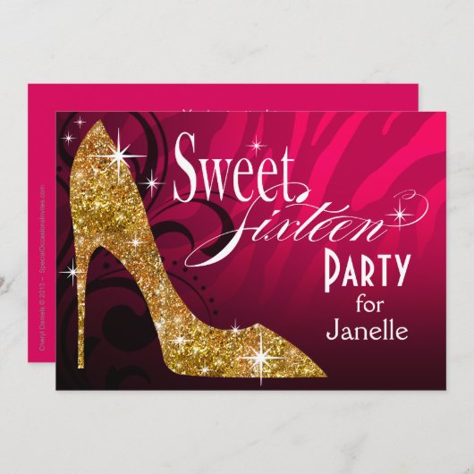 Glitzer Stiletto Zebra Süß 16 Party Fuschia Gold Einladung (Vorne/Hinten)