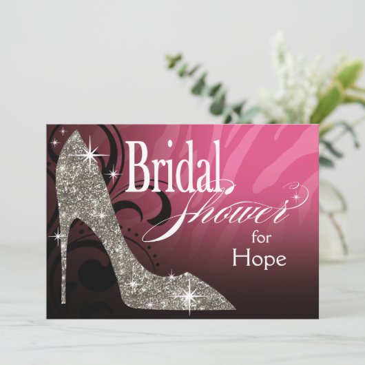 Glitzer-Stilettzebra-Brautpartyrosasilber Einladung (Stehend Vorderseite)