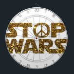 Glitzer stoppt Kriege Dartscheibe<br><div class="desc">"Stoppkriege",  "Kriegsgegner",  Antiwar,  Boho,  Parodie,  Frieden",  "Friedenszeichen",  Krieg,  W3,  pazifistischer "Weltfrieden" lustig,  Glitzer,  metallisches Gold,  Hippie,  Politik,  Politik,  Protest,  Retro</div>