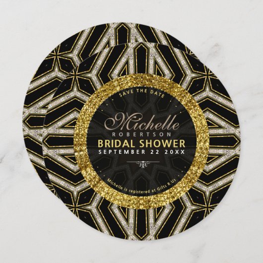 Glitzer Style Gold Black Cross Brautparty Round Einladung (Vorne/Hinten)