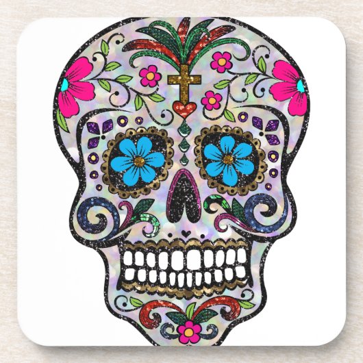 Glitzer Sugar Skull Getränkeuntersetzer (Vorderseite)