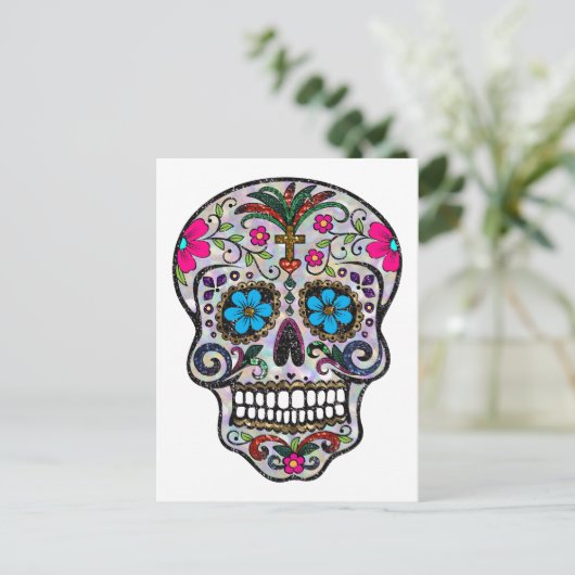 Glitzer Sugar Skull Postkarte (Stehend Vorderseite)