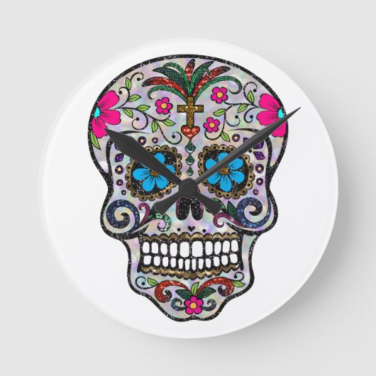 Glitzer Sugar Skull Runde Wanduhr (Vorderseite)