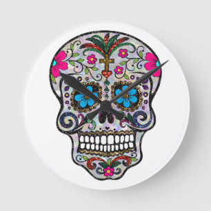 Glitzer Sugar Skull Runde Wanduhr