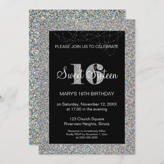 Glitzer Sweet 16 Geburtstag Einladung (Vorne/Hinten)
