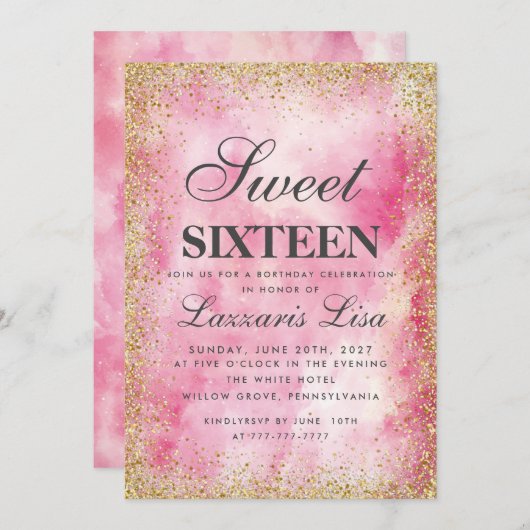 Glitzer Sweet 16 Rosa Aquarell Geburtstag Einladung (Vorne/Hinten)