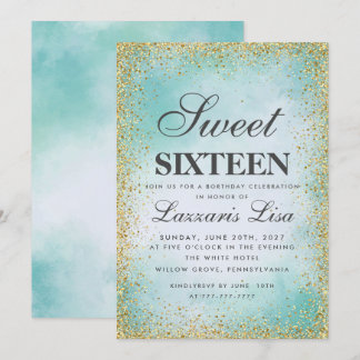 Glitzer Sweet 16 Türkis Aquarell Geburtstag Einladung