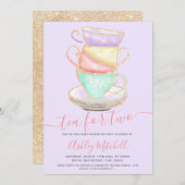 Glitzer Teebecher Wasserfarbe lila Babydusche Einladung (Vorne/Hinten)