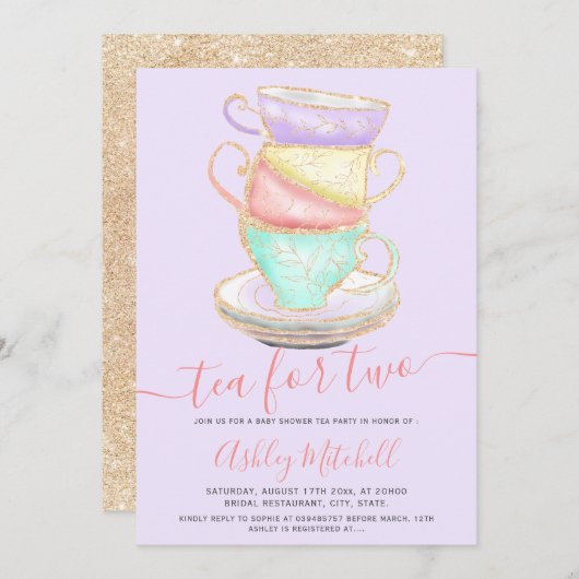 Glitzer Teebecher Wasserfarbe lila Babydusche Einladung (Vorne/Hinten)