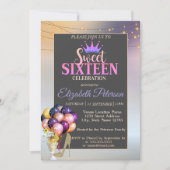 Glitzer Tiara, Coctail, Ballons Sweet 16 Party Einladung (Vorderseite)