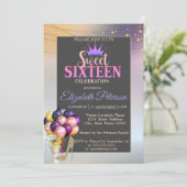 Glitzer Tiara, Coctail, Ballons Sweet 16 Party Einladung (Stehend Vorderseite)