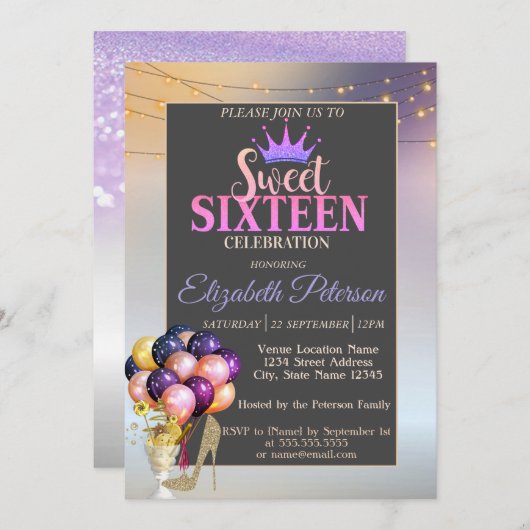 Glitzer Tiara, Coctail, Ballons Sweet 16 Party Einladung (Vorne/Hinten)