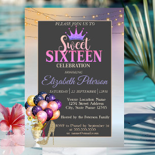 Glitzer Tiara, Coctail, Ballons Sweet 16 Party Einladung