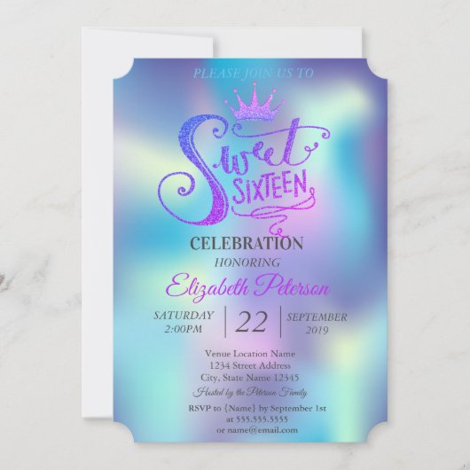 Glitzer Tiara Holographic Sweet 16 Party Einladung (Vorderseite)