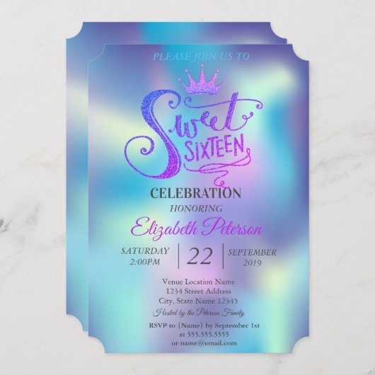 Glitzer Tiara Holographic Sweet 16 Party Einladung (Vorne/Hinten)