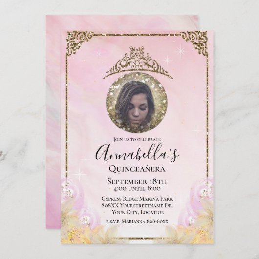 Glitzer Tiara Quinceañera Foto Einladung (Vorne/Hinten)