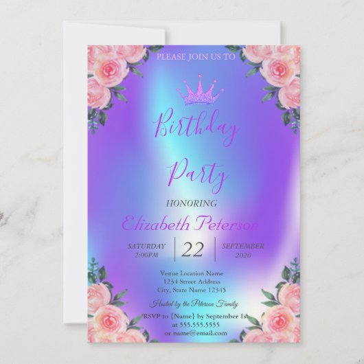 Glitzer Tiara Rose Ombre Holographic Birthday Einladung (Vorderseite)