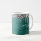 Glitzer Tropfen Aquamarin gebürstetes Metal Monogr Kaffeetasse (VorderseiteRechts)