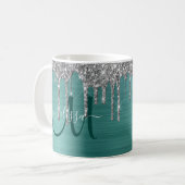 Glitzer Tropfen Aquamarin gebürstetes Metal Monogr Kaffeetasse (Vorderseite Links)