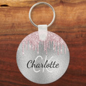 Glitzer-Tropfen aus Silber, rosa Monogramm Schlüsselanhänger (Vorderseite)