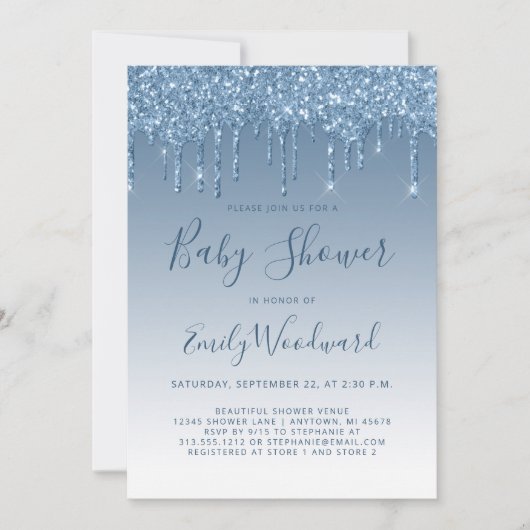 Glitzer Tropfen Blue Baby Dusche Einladung (Vorderseite)