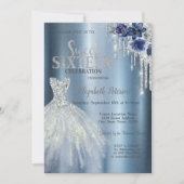 Glitzer-Tropfen, Blume für blaues Kleid Metallic S Einladung (Vorderseite)