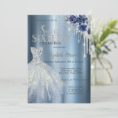Glitzer-Tropfen, Blume für blaues Kleid Metallic S Einladung (Stehend Vorderseite)