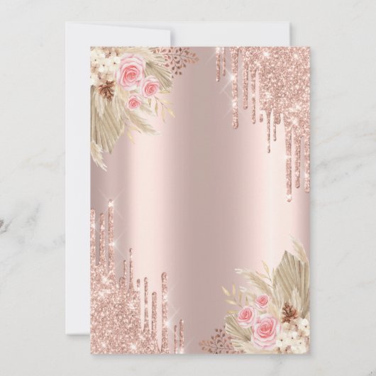 Glitzer Tropfen, Blume Rose Gold Hochzeit Jahresta Einladung (Rückseite)