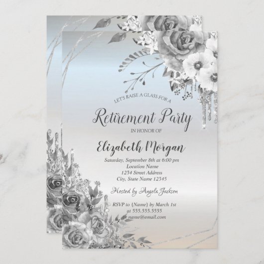 Glitzer-Tropfen, Blume, Silver Retirement Einladung (Vorne/Hinten)