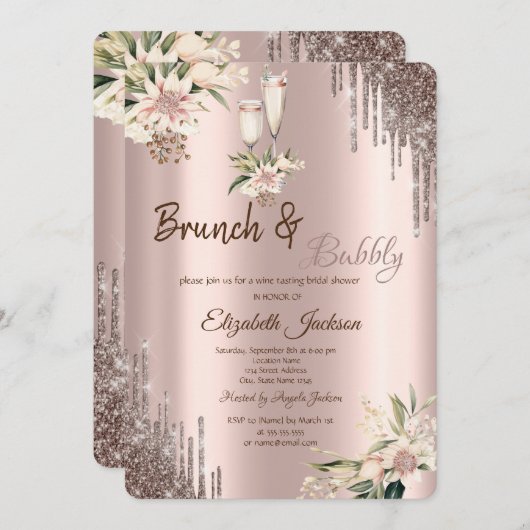 Glitzer Tropfen Blumenstrauß Brautparty Einladung (Vorne/Hinten)