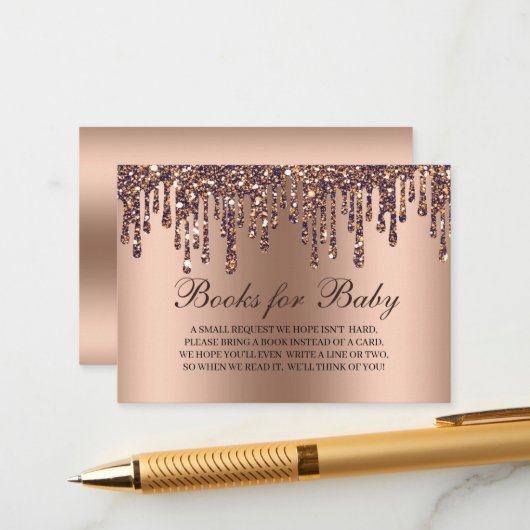 Glitzer Tropfen Bronze Babydusche Bücher für Baby Begleitkarte (Vorderseite/Rückseite Beispiel)