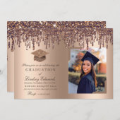 Glitzer Tropfen Bronze Gold Abschluss Foto Einladung (Vorne/Hinten)