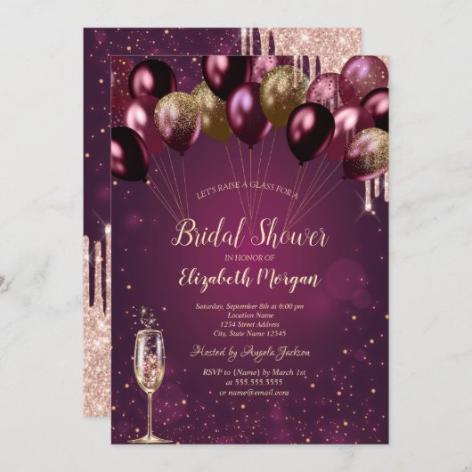 Glitzer Tropfen Burgundy Balloons Brautparty Einladung (Vorne/Hinten)