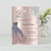 Glitzer Tropfen, Chic Dress 25. Geburtstag Einladung (Stehend Vorderseite)