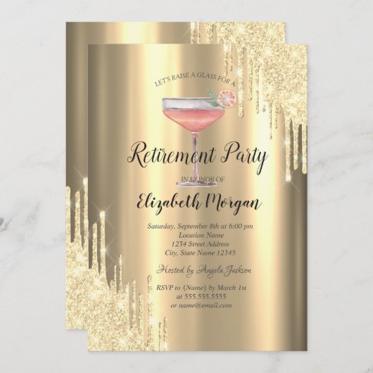 Glitzer-Tropfen, Cocktail, Goldene Rente Einladung (Vorne/Hinten)