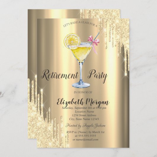 Glitzer-Tropfen, Cocktail, Goldene Rente Einladung (Vorne/Hinten)