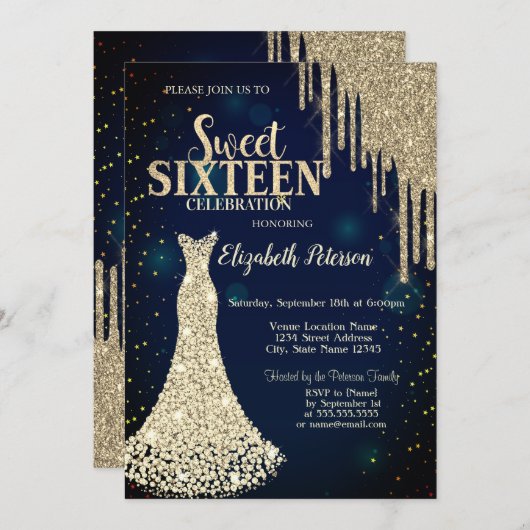 Glitzer-Tropfen, Diamanten-Kleidung Navy Blue Swee Einladung (Vorne/Hinten)