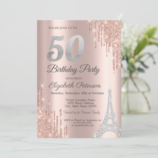 Glitzer Tropfen, Diamonds Eiffelturm 50. Geburtsta Einladung (Stehend Vorderseite)